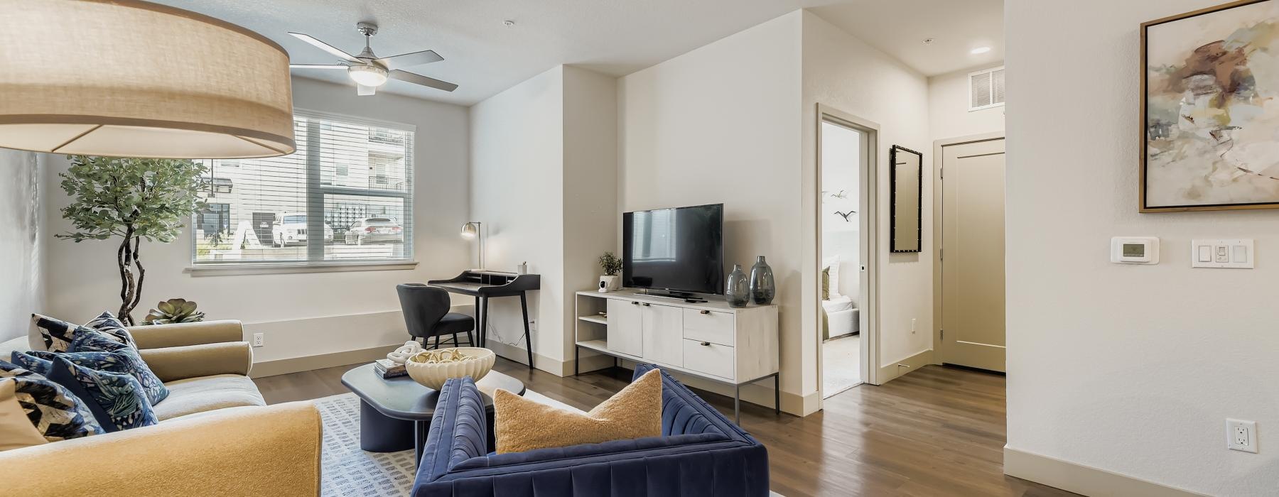 a living room with a large television