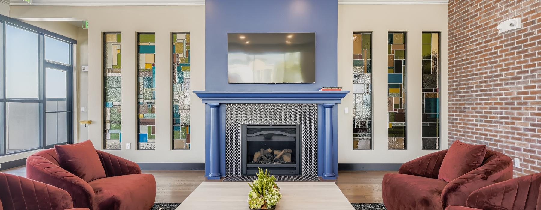 a living room with a fireplace
